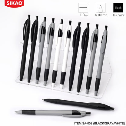 Sikao Pens Bulk, 60 Pack Minimal Gripped Slimster Ballpoint Pens, Black Ink 1.0mm, Smooth Writing Click Pens in White Grey Black, Ideal for Office, School, Teachers, Students & Front Desk Use