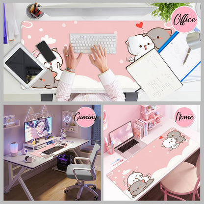 Pink Gaming Mouse Pad Cute Large Mouse Pad 35x15.7x0.12 inch Extra Large Mouse Pad Cat Theme Pink and White Mouse Pad (Cat - 5)