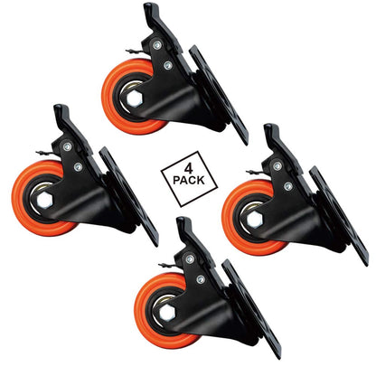 ASRINIEY Caster Wheels, 2 inch Casters Set of 4 Heavy Duty - Castor Wheels with Brake, Top Plate Swivel Orange Polyurethane Wheels, Locking Casters for Furniture and Cart