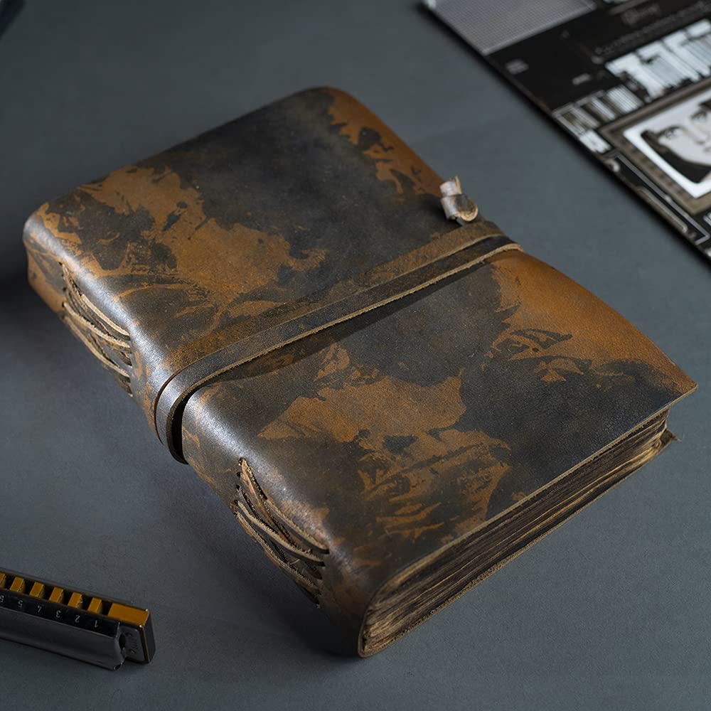 Wanderings Vintage Leather Journal with Burned Edge Paper - 6"x9" (15x23cm) - Rustic Antique Notebook Perfect for Writing a Book of Shadows Journal a Grimoire Sketching Drawing as a Diary