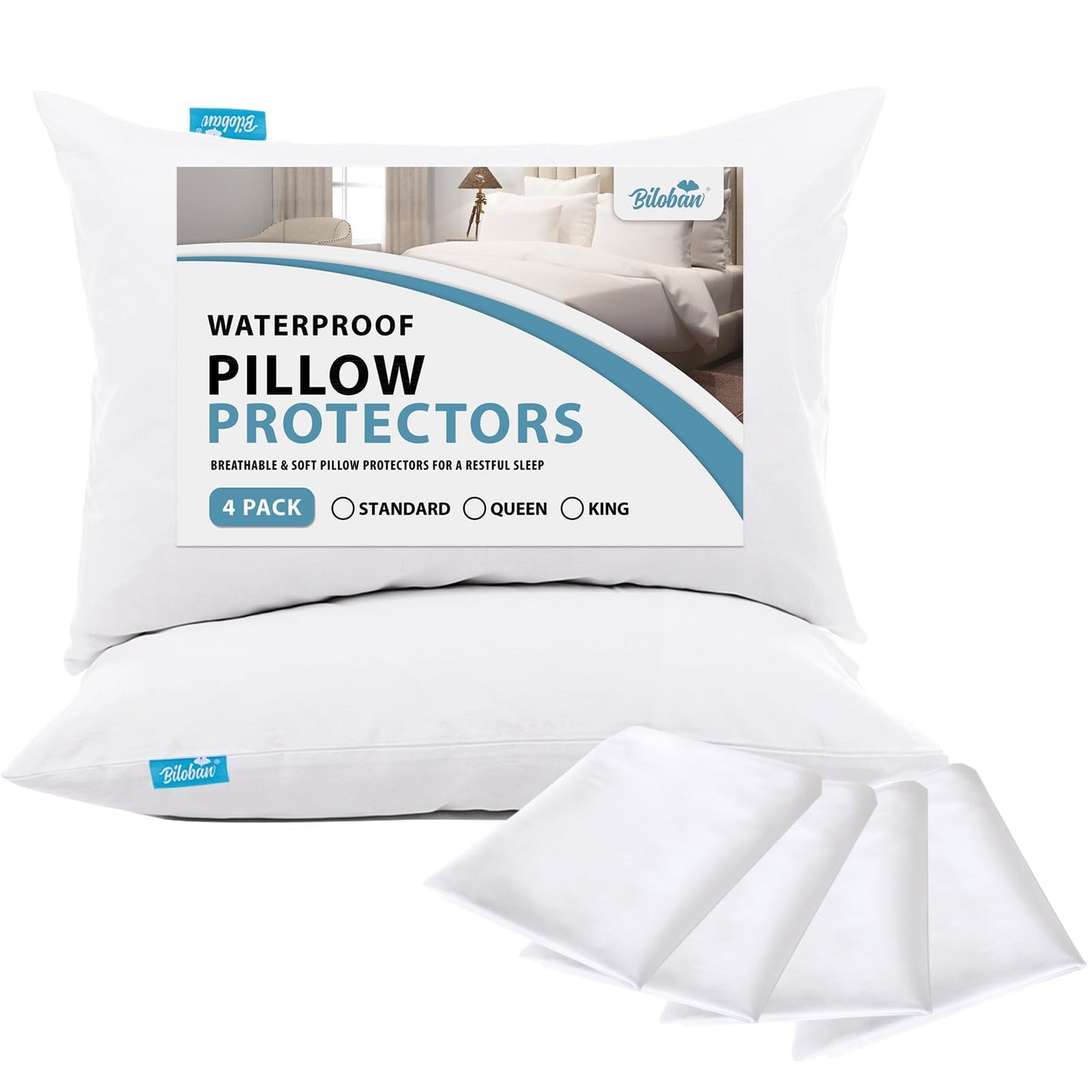 Biloban 4 Pack Waterproof Pillow Protectors Queen Bed Bug Proof Pillow Covers for Sleeping Noiseless Breathable Pillow Protector Queen White