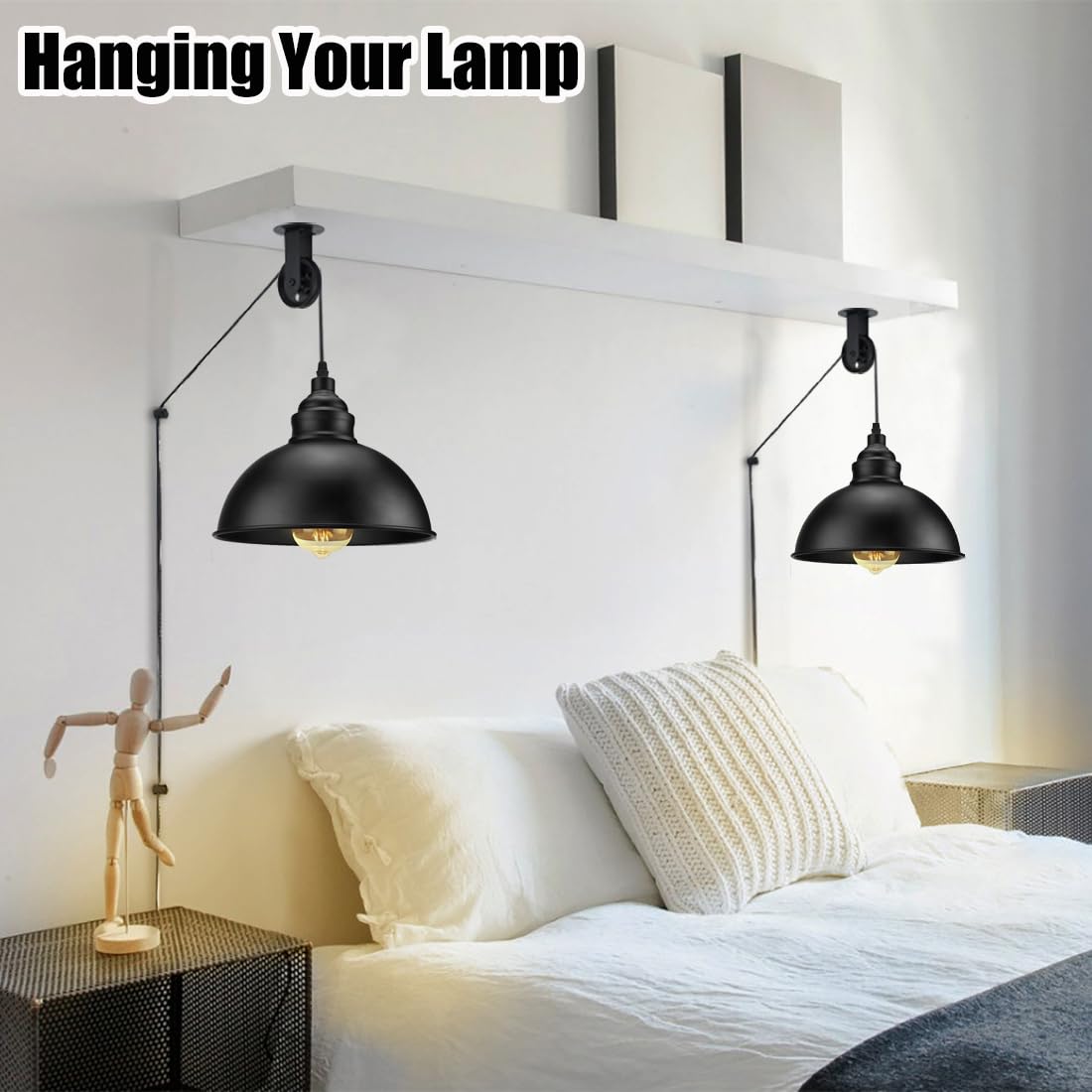 Pulley Wheel for Plug in Pendant Light, Wall Ceiling Mount-Pulley for Hanging Lamp, 1 Pack PulleyWheel and 4 Pack Swag Hooks for Hanging Electric Wire Cable Cord Chandelier Plant Grow Lights (Black)