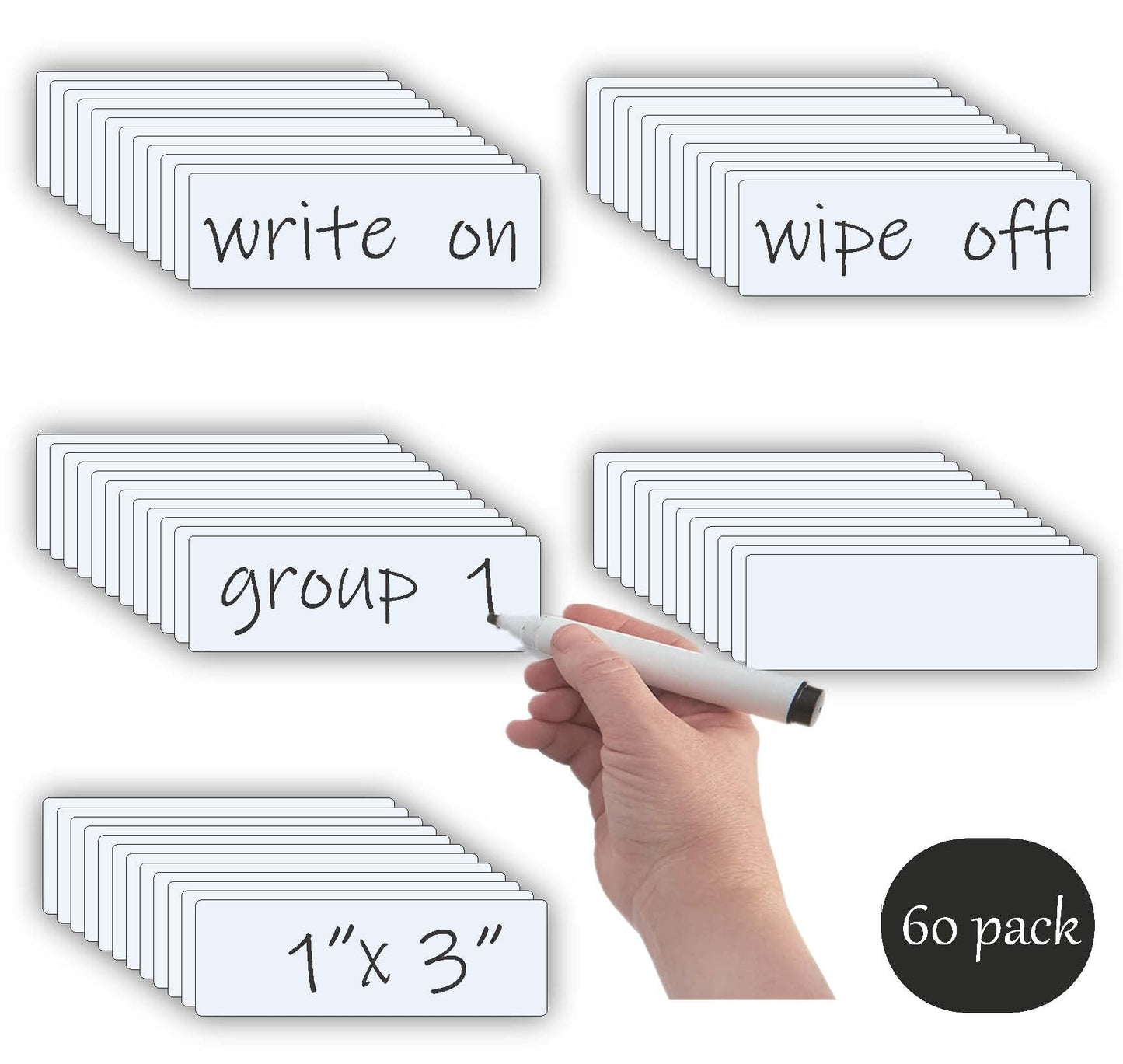 STTMGN Dry Erase Magnetic Labels (1x3,Pack of 60),Write On Magnets Sticker,Real Waterproof/Reusable for Classroom&Office&Cabinet&whiteboard&Fridge&More (White)