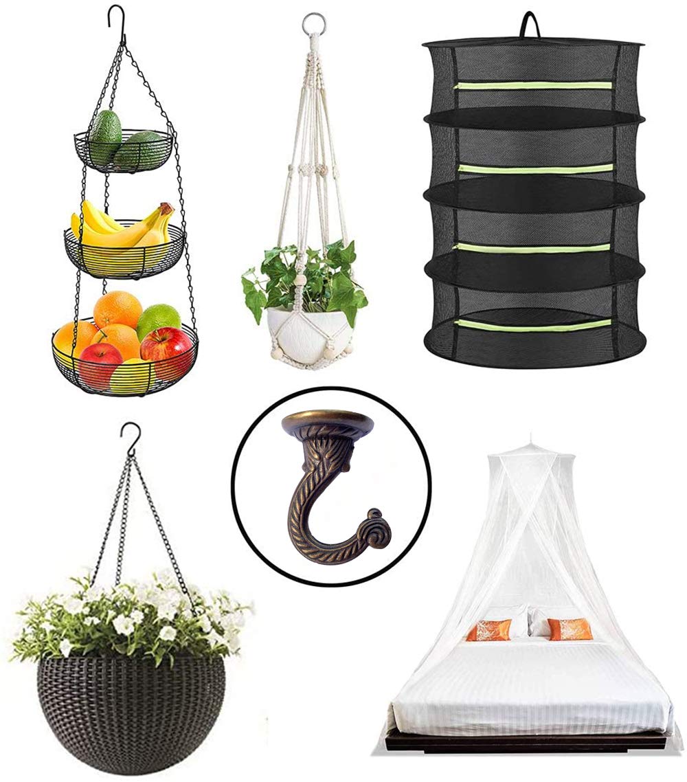 OBSTKUCHEN 6 Sets Large Swag Ceiling Hooks Heavy Duty Swag Hook with Hardware for Hanging Plants Ceiling Installation Cavity Wall Fixing (Antique Brass)