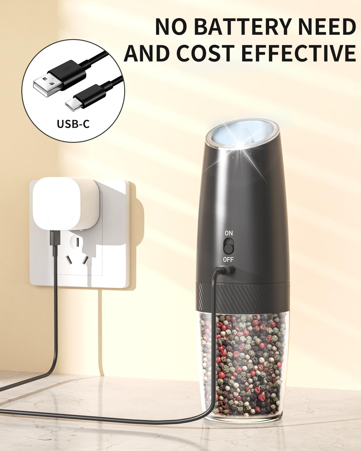 CIRCLE JOY Electric Pepper Grinder Rechargeable Gravity Sensor Pepper Mill with Adjustable Coarseness, Led Light, Upgraded Large Capacity Spice Ginder for Home Restaurant