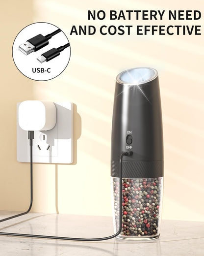 CIRCLE JOY Electric Pepper Grinder Rechargeable Gravity Sensor Pepper Mill with Adjustable Coarseness, Led Light, Upgraded Large Capacity Spice Ginder for Home Restaurant