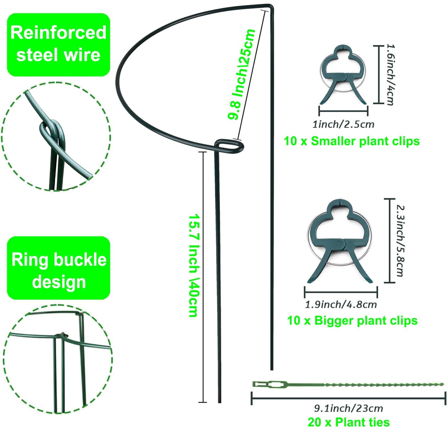 Plant Support Stake, 8 Pack Green Half Round Plant Support Ring Metal Garden Stem Support Stake with 20 Pcs Plant Clips & Plant Ties for Potted Plants Tomato Vegetable Flowers (9.8“W x 15.7”H)