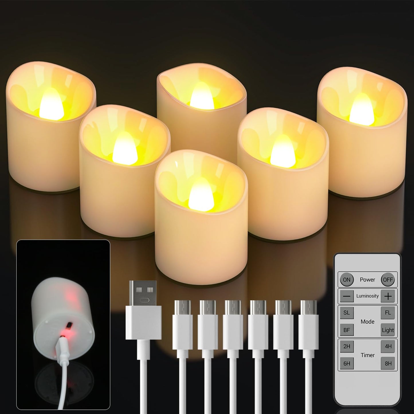 SoulBay Rechargeable Candles with Remote, Flameless Flickering Battery White LED Tea Lights Votives with Timer & Charging Cable for Christmas Lantern Home Holiday Decoration, 6 Pack, 4.3 x 3.9 cm