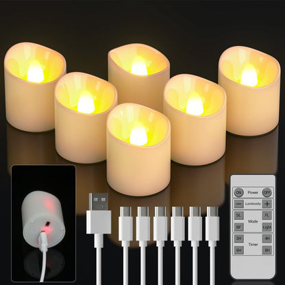 SoulBay Rechargeable Candles with Remote, Flameless Flickering Battery White LED Tea Lights Votives with Timer & Charging Cable for Christmas Lantern Home Holiday Decoration, 6 Pack, 4.3 x 3.9 cm
