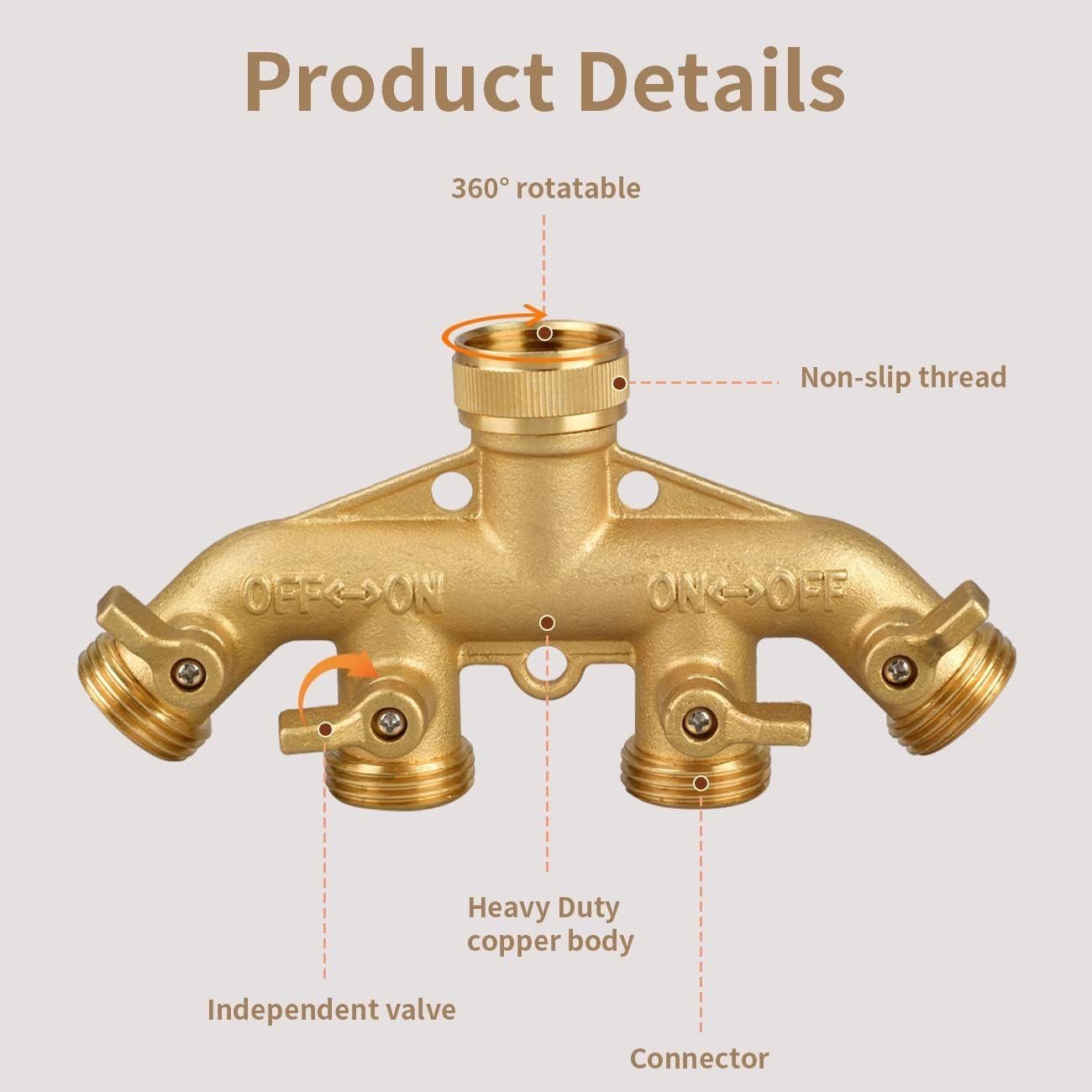 4 Way Garden Hose Splitter, 3/4" Heavy Duty Solid Brass Hose Connector with 4 Valves, 8 Gaskets +1 Seal Tapes, Hose Spigot Adapter for Garden/Home Life/Household Use
