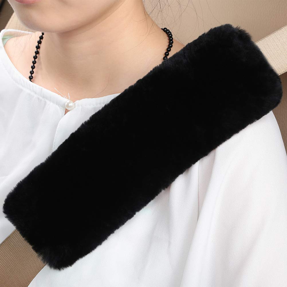 2 Pack Automotive Authentic Sheepskin Car Seat Belt Pads, Soft Shoulder Pad, Neck Cushion Protector, Genuine Natural Merino Wool (Black)