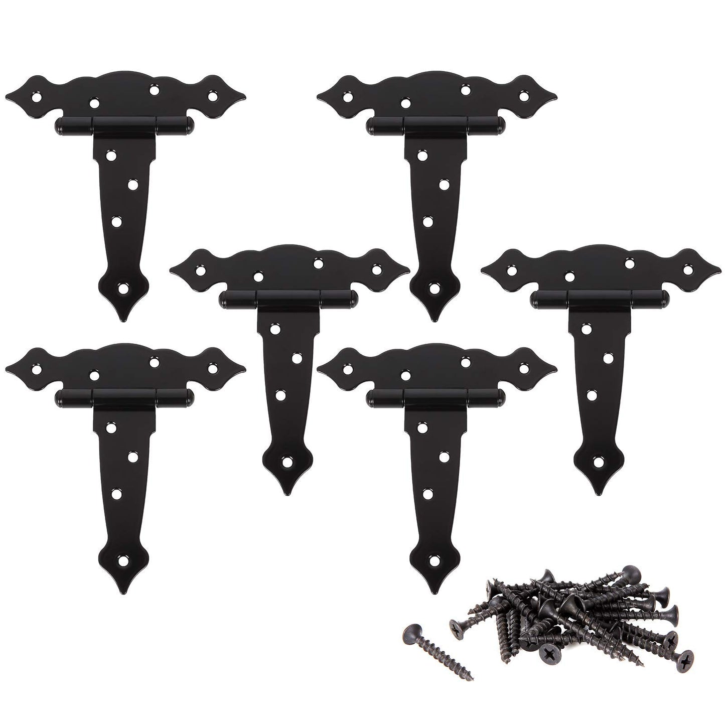 6 Pack Heavy Duty Gate Hinges - 5 Inch Barn Door Hinges Strap Hinges - Shed Door Outdoor Hinge Black T Hinge for Wood Fence
