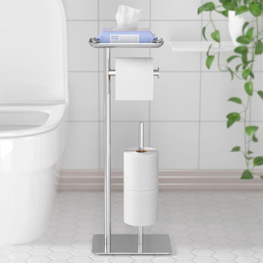 Toilet Paper Holder Stand with Top Storage Shelf, Silver Toilet Paper Roll Holder Free Standing, Floor Standing Toilet Roll Dispenser Storages 4 Reserve Rolls, CAA75CH046
