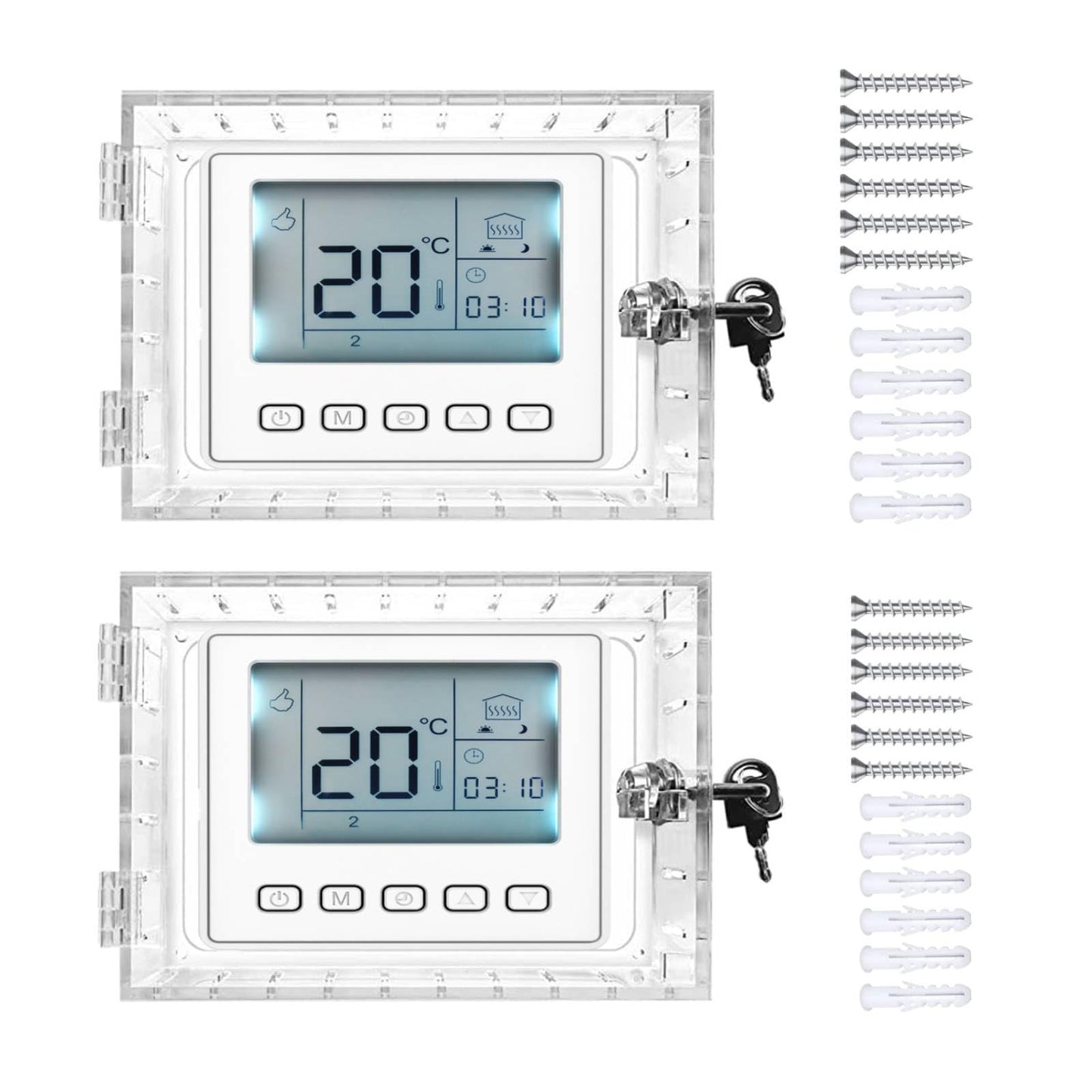 Universal Thermostat Lock Box with Key, Clear Large Thermostat Guard for Wall, Thermostat Cover with Lock for Thermostats 6.5" x 4" x 2" or Smaller (2)