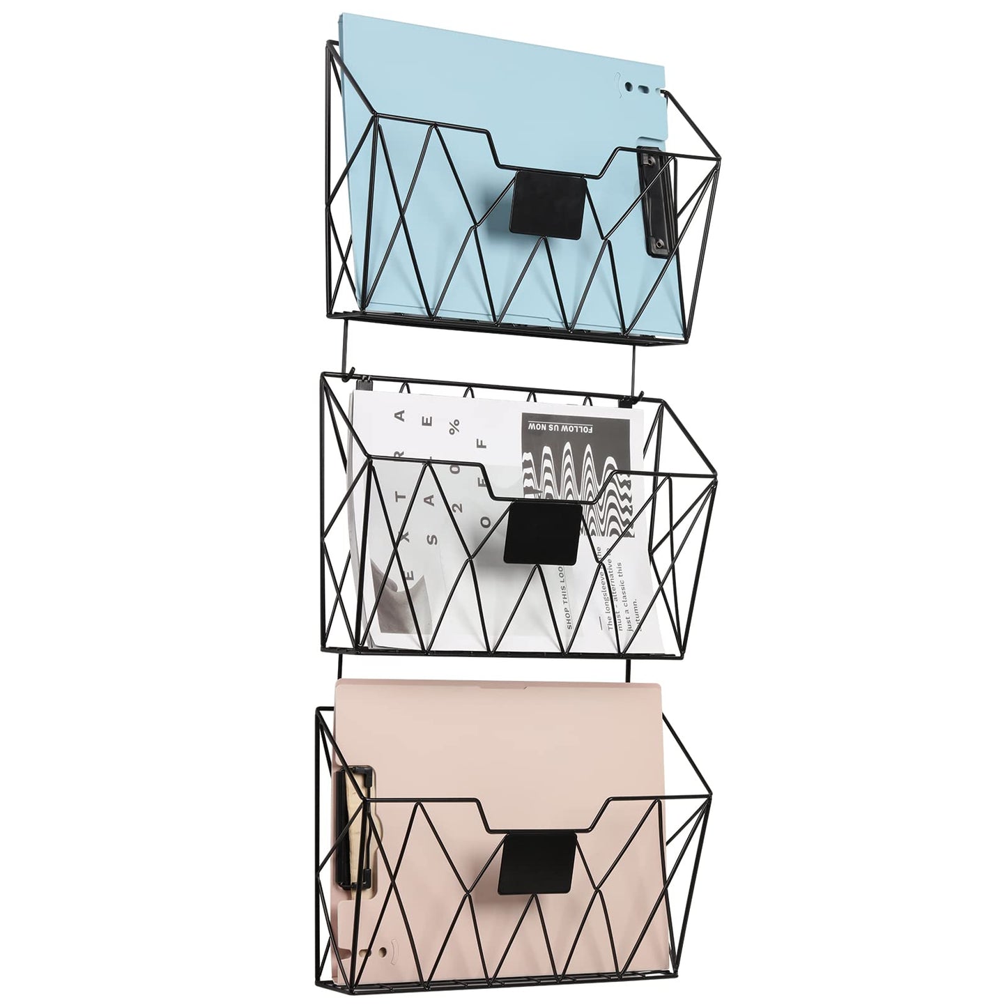 YBING Wall File Organizer for Office Hanging Wall File Holder and Basket Set of 3 Wall Mounted File Rack with Hooks Metal Wall Storage for Office Living Room, Black