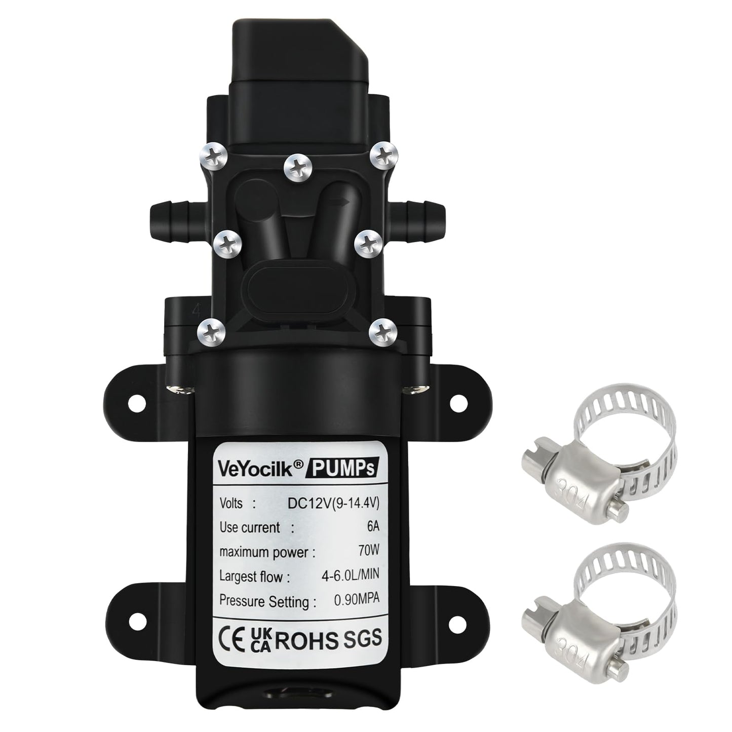 VeYocilk DC 12V Water Pump,1GPM 4L/Min Diaphragm Pump Build in Pressure Switch with 2 Hose Clamps for Pumping Water