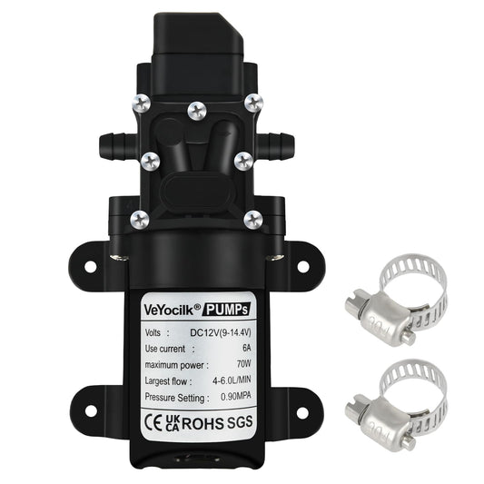 VeYocilk DC 12V Water Pump,1GPM 4L/Min Diaphragm Pump Build in Pressure Switch with 2 Hose Clamps for Pumping Water
