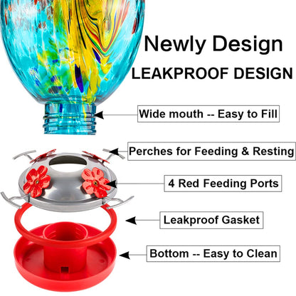 REZIPO Glass Hummingbird Feeder for Outdoors Hand Blown Glass 30 Ounces Colorful Patio Garden Hummingbird Feeder with Hooks, Brush and Service Card (Green)