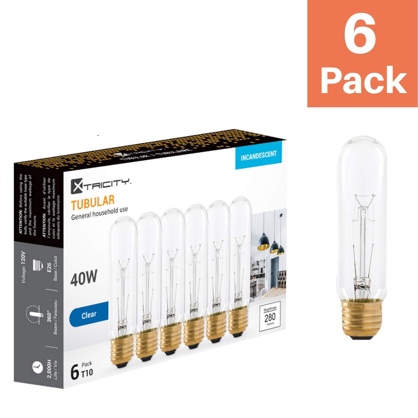 40 Watt T10 Clear Tubular Incandescent Light Bulb, 2700K Soft White, E26 Medium Base, 280 Lumens, 120V, (6 Pack)