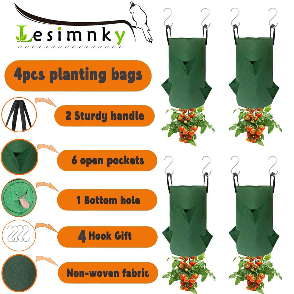 4Pack Upside Down Strawberry Planter, 3 Gallon Hanging Grow Bags for Tomato Vegetables 6 Planting Holes with 4 Hooks,Upside Down Strawberry Plant Hanger Vegetable Planting Bags for House (Dark Green)