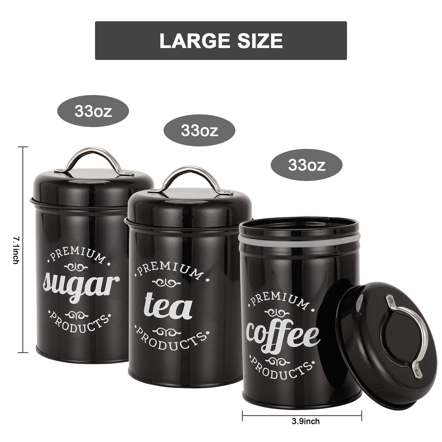 3 Piece Black Food Jars Canisters Sets, Airtight Coffee Container, Tea Organizer, And Sugar Canister, Rustic Farmhouse Decor for Kitchen Countertop