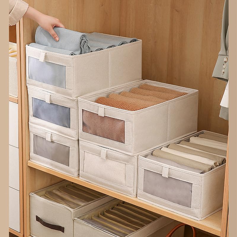 6 Pcs Linen Closet Organizers and Storage Clothing Bins Large Foldable Box with Window Storage Baskets for Closet Shelf Clothes Jeans Toys Organization, Cube Storage Boxes for Organizing