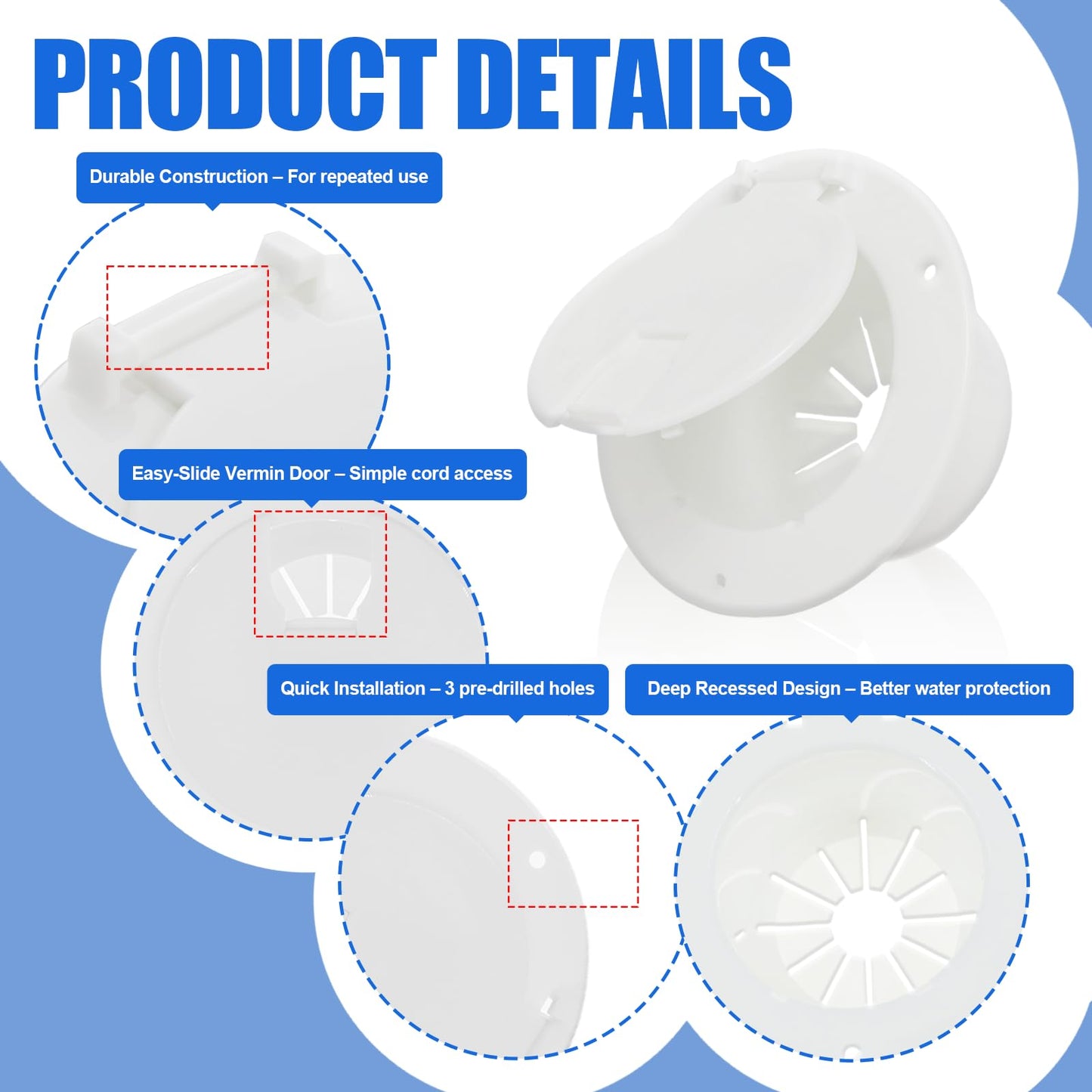 RV Cable Hatch - 2 Packs, 5" Round Electrical Cable Hatch for 30 and 50 Amp Cords, White RV Camper Trailer Power Cord Hatch Electrical Access Door