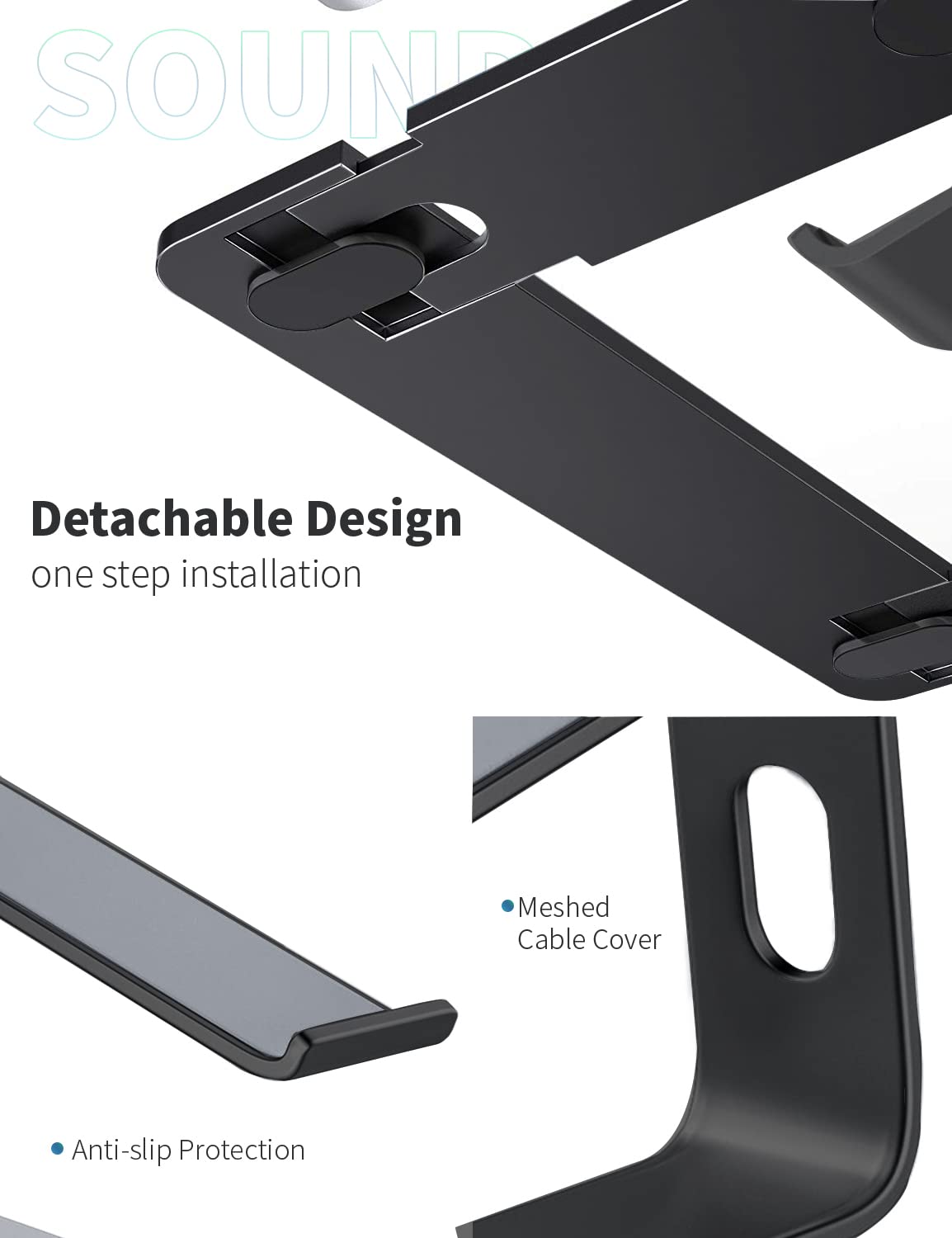 SOUNDANCE Laptop Stand, Aluminum Computer Riser, Ergonomic Laptops Elevator for Desk, Metal Holder Compatible with 10 to 15.6 Inches Notebook Computer, Black
