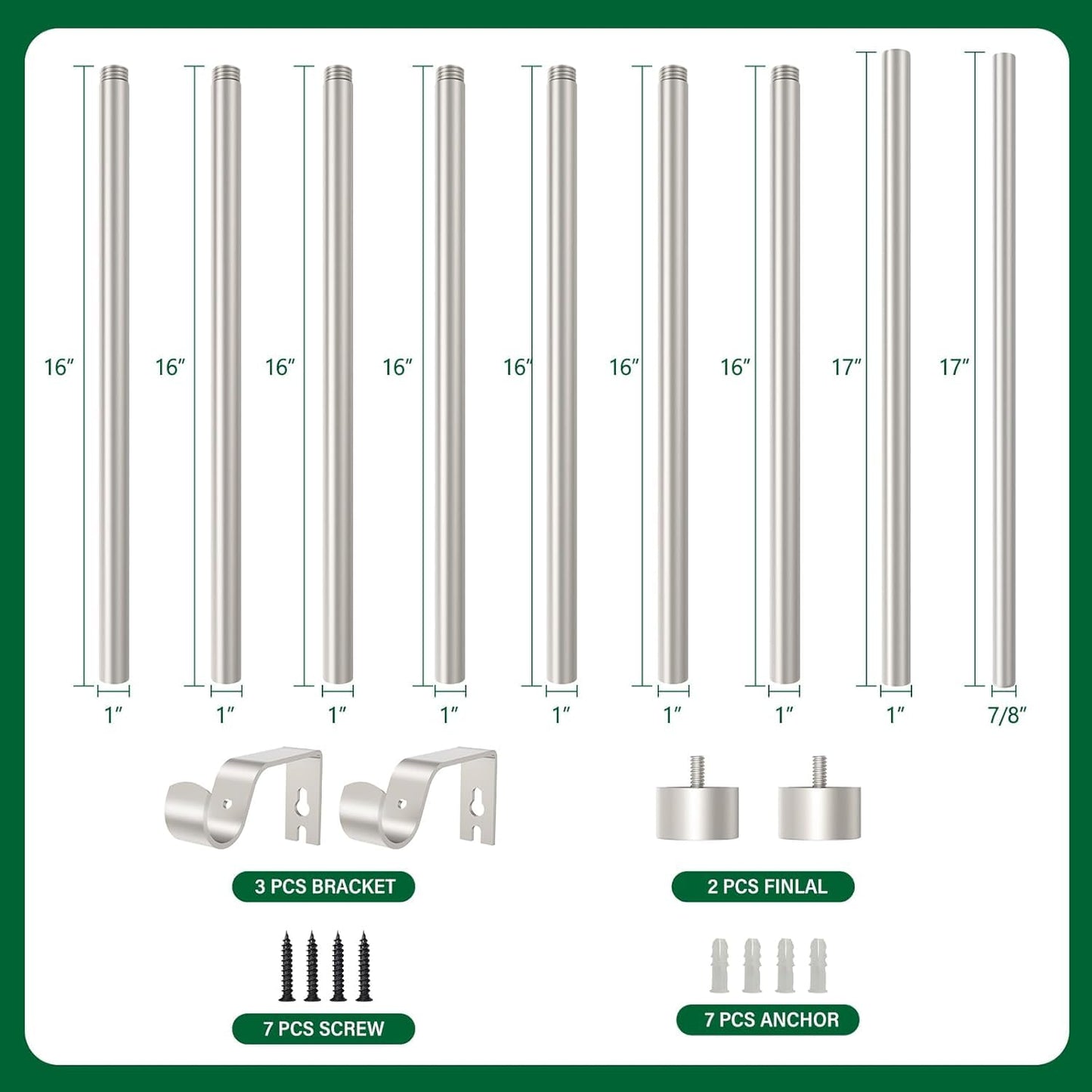 Curtain Rods for Windows 16 to 75 Inch, 1'' Diameter Adjustable Curtain Rod With Cylindrical End Cap (Silver, 40-190cm)