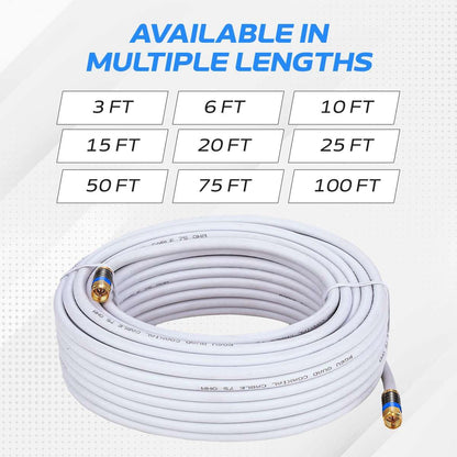 Cables Direct Online 50ft White Quad Shield RG6 Coaxial Cable, F Pin and BNC Extension Wire for Satellite Dish, Cable TV, Antenna - Digital HD 3GHz Coax Cord with Weatherproof Connectors