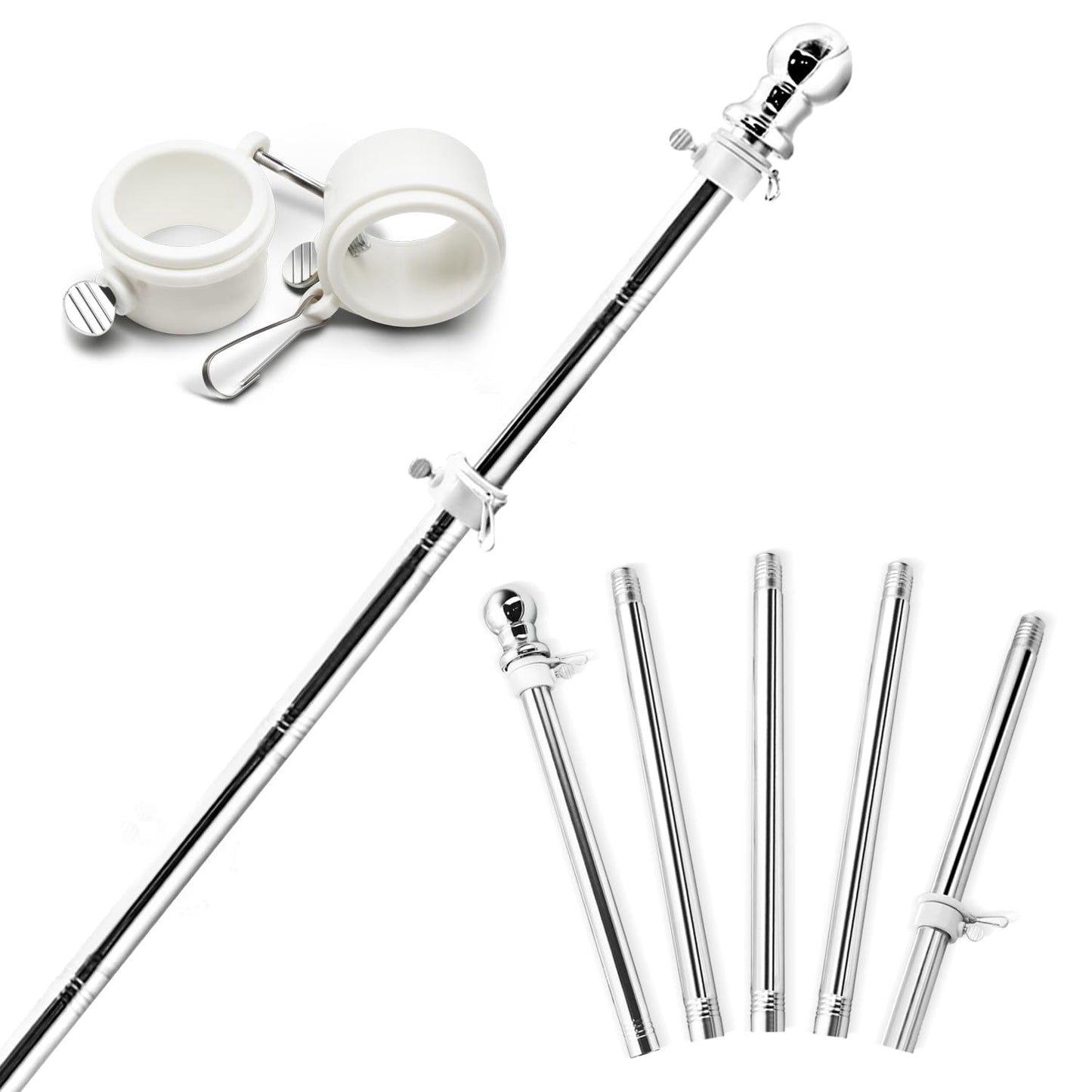 Anley 6 FT Stainless Steel Flag Pole Kit with Tangle Free Rotating Rings - Adjustable Length, Heavy Duty & Rustproof Flag Pole for House, Yard and Commercial (1 Inch Dia.)