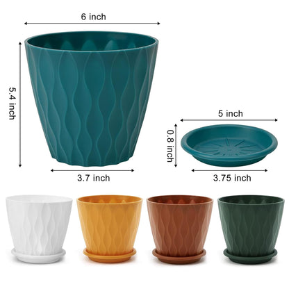 6 Inch Plant Pots with Drainage Holes and Saucers, Multicolor Flower Planters for Indoor Outdoor Use, 5 Pack