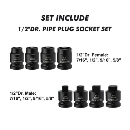 CASOMAN 8PCS 1/2-Inch Drive Pipe Plug Socket Set, Cr-Mo, SAE, Male/Female Set, 7/16", 1/2", 5/8", 9/16", Tapered Male Square Drive, Chamfered Female Square Drive