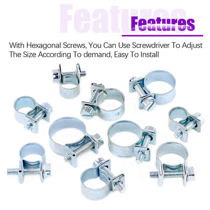 Swpeet 92 Pieces 10 Sizes Mini Hose Clamps Style Fuel Injection Line Zinc Plated Assortment Kit Perfect for Automotive, Agriculture, Plant and Construction