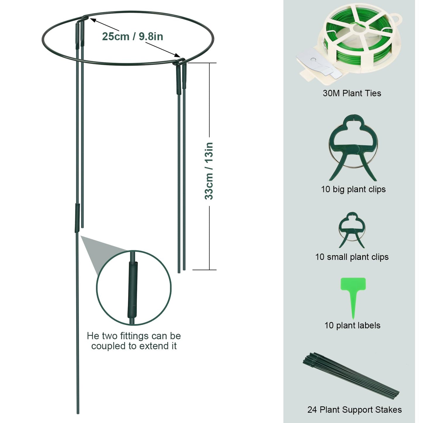 6-Pack Plant Support Stakes with 12 Extend Stems, 20 Clips, 10 Labels & 30m Ties – Interlocking Garden Stakes for Peony, Hydrangea, Flowers – Metal Plant Stems & Supports for Outdoor/Indoor Use
