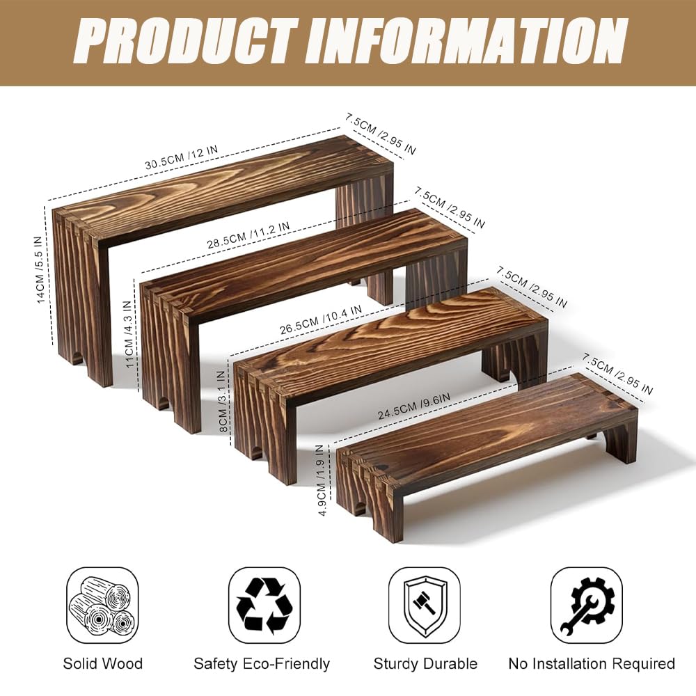 8 Piece Large Wooden Tiered Riser Display Stands, Stackable Wooden Cupcake Stands, 4 Tier Racks Decorative Rectangular, Dessert Table Display Set ,Food Display Risers for Party
