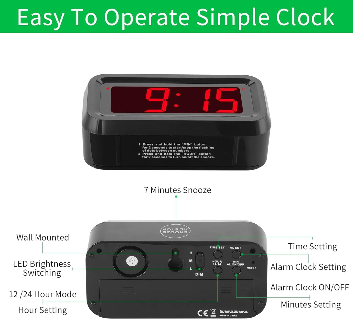 Alarm Clock, Digital Clock, Small Wall Clock, Battery Operated, Adjustable 3-Level Led Brightness, Dim Night Model, 12/24Hr, Cordless, Constantly 1.2'' Digits Display for Bedroom/Travel