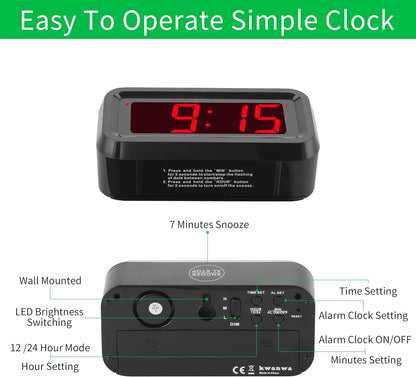 Alarm Clock, Digital Clock, Small Wall Clock, Battery Operated, Adjustable 3-Level Led Brightness, Dim Night Model, 12/24Hr, Cordless, Constantly 1.2'' Digits Display for Bedroom/Travel