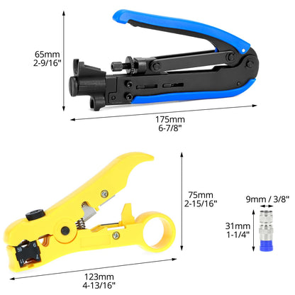 QWORK Coax Cable Crimper Kit with Adjustable Crimping Capability for RG6, RG59, RG11, Precision Cable Stripping and Cutting Tools with 10 RG6 F Connectors