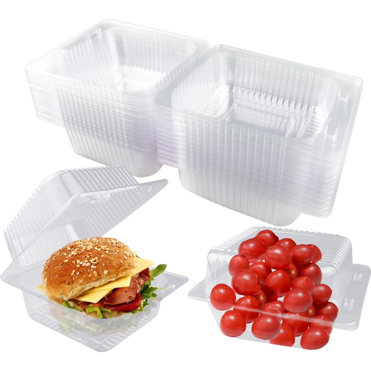 100 PCS Clear Plastic Hinged Container with Lids 5.3 x 4.7 x 2.8 Inch Clear Disposable Depth Clamshell Food To Go Take Out Tray Containers for Cake Pastry Salad Sandwiche