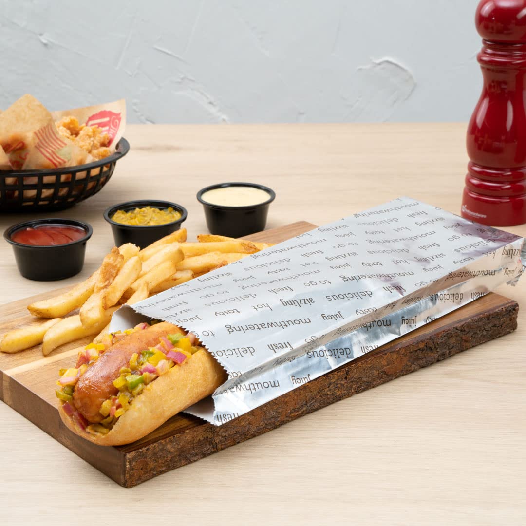 Restaurantware-Bag Tek 3.7 x 1.2 x 12 Inch Hot Dog Bags, 100 Large Hot Dog Wrappers - Greaseproof, Freezer-Safe, Printed Foil Accessories, Heat-Resistant, Non-Vented