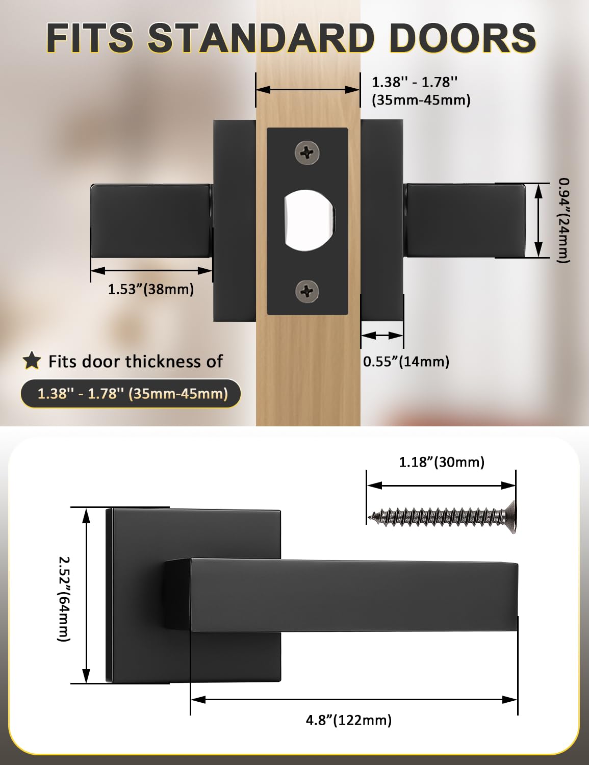 Tinewa 1 Pack No Lock Passage Door Lever, Reversible Door Handle Without Locking for Right/Left Handed Door, Matte Black Heavy Duty Square Lever Set for Interior/Exterior Use