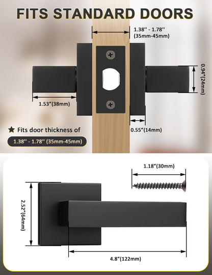 Tinewa 1 Pack No Lock Passage Door Lever, Reversible Door Handle Without Locking for Right/Left Handed Door, Matte Black Heavy Duty Square Lever Set for Interior/Exterior Use