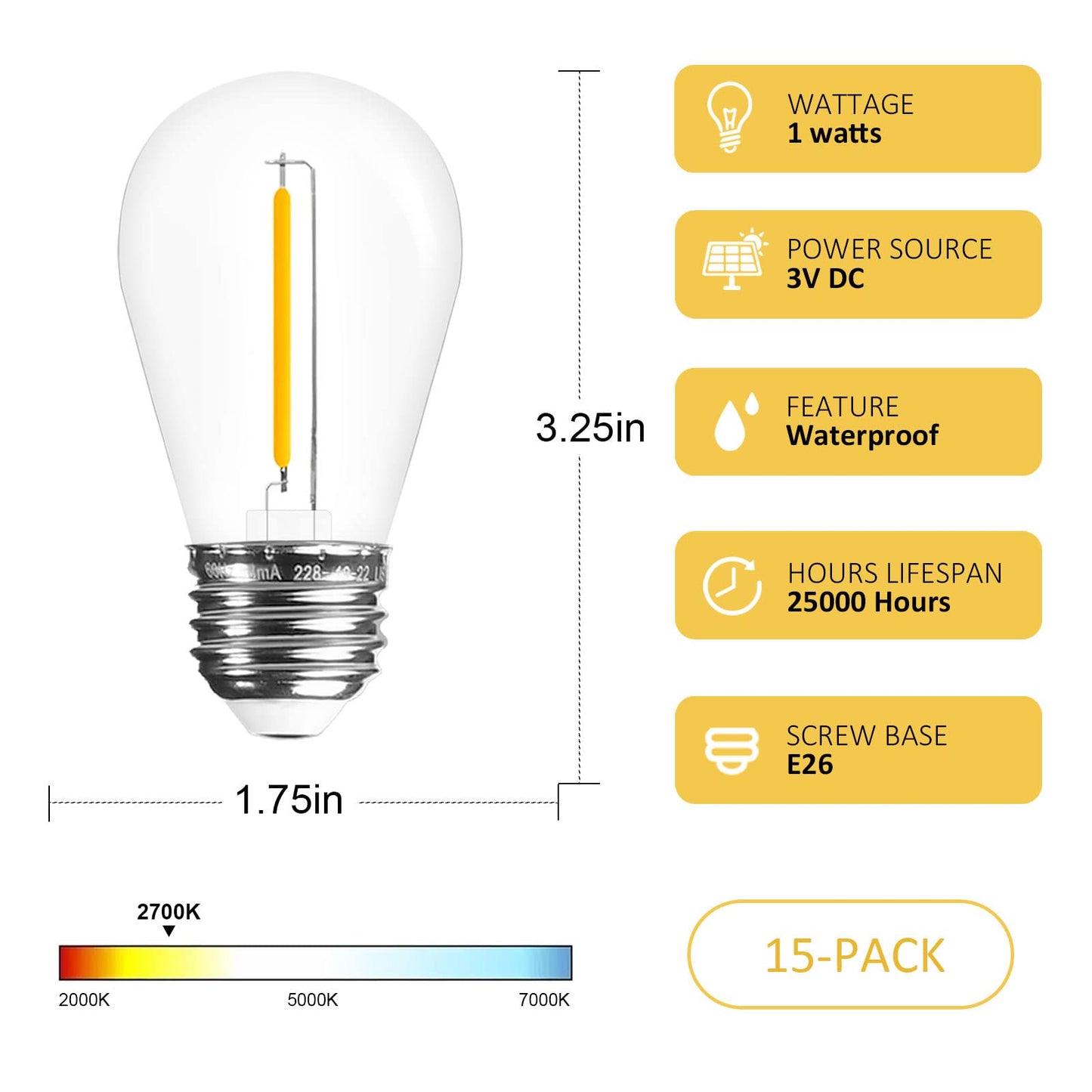 Visther Solar String Light Bulbs Replacement, DC 3V Low Voltage, Waterproof S14 E26 LED Bulbs, 1W 100LM 2700K, 15-Pack