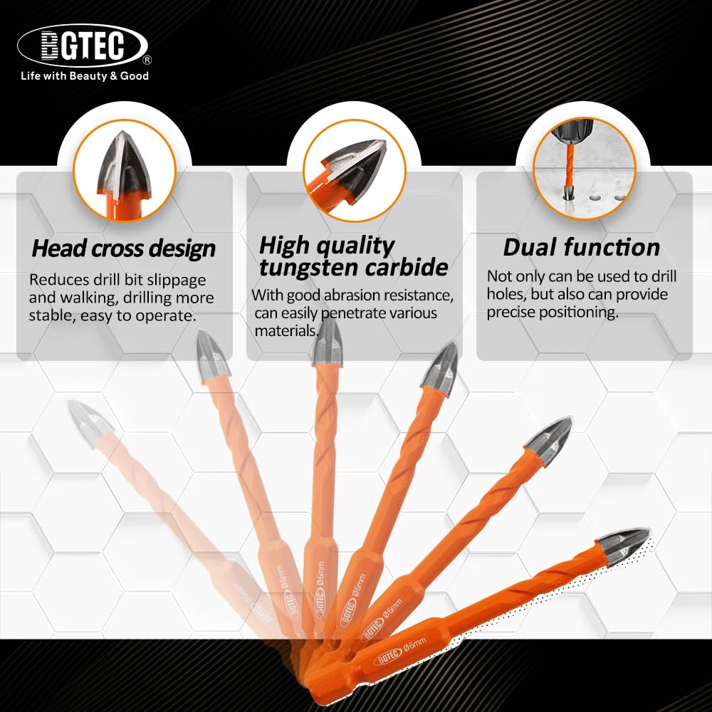 BGTEC Diamond Cemented Carbide Drill Bits Masonry Drill Bits, 5pcs Quick-fit Shank 5/6/8/10/12MM Cross Spiral Hard Alloy Drill Bit for Wood Plastic Masonry Ceramic Tile Concrete Marble