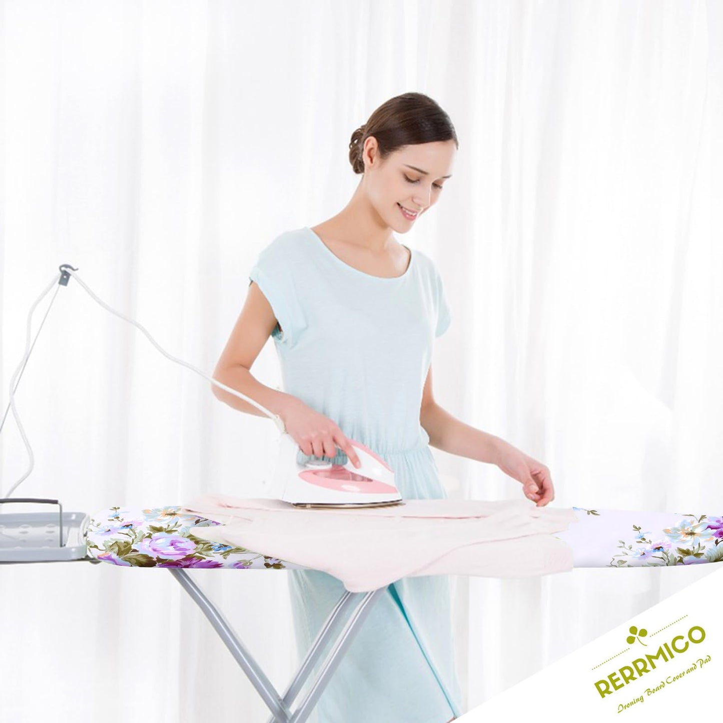 Rerrmico Ironing Board Cover and Pad 15x54 Inch Standard Ironing Board Cover with Elastic Edge and Hook and Loop Fasteners Scorch and Stain Resistant Cotton Ironing Covers with Thick Padding