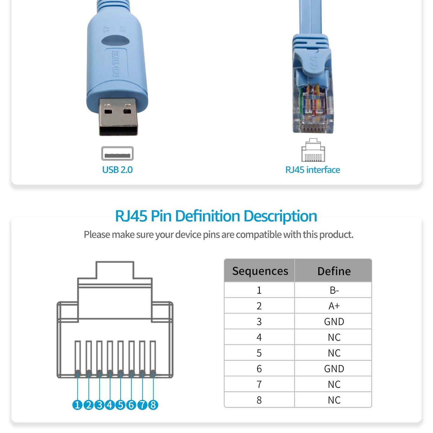 DSD TECH SH-RJ45K USB to RS485 Serial Cable with RJ45 Interface and Built-in FTDI chip