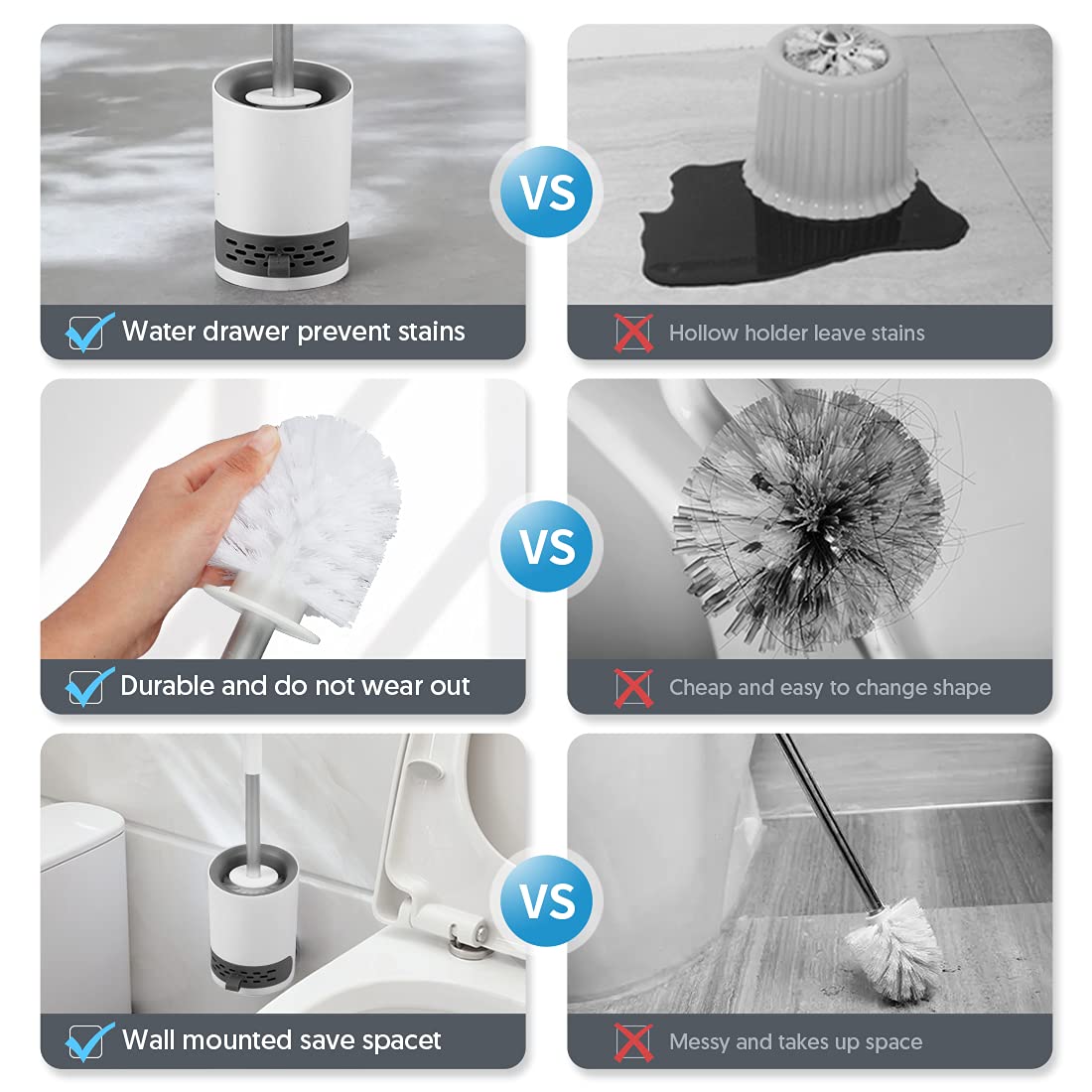 Domi-patrol Toilet Brush and Holder Set 2 Pack, White, Hard Bristle Nylon Toilet Bowl Brushes with Stainless Steel Holder