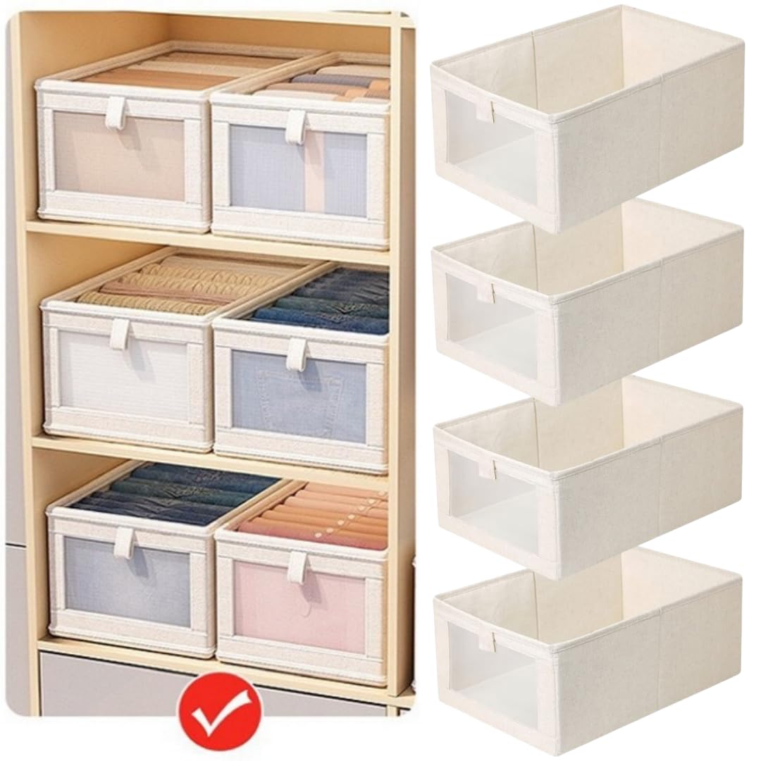 6 Pcs Linen Closet Organizers and Storage Clothing Bins Large Foldable Box with Window Storage Baskets for Closet Shelf Clothes Jeans Toys Organization, Cube Storage Boxes for Organizing