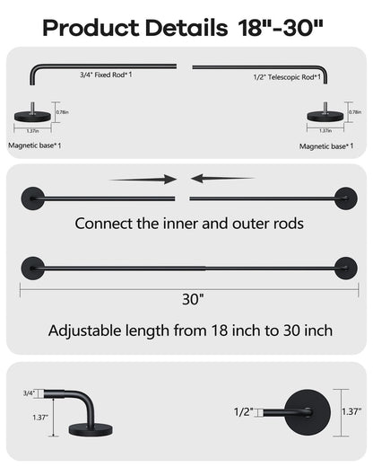 Rodzwin 1 Pack Magnetic Curtain Rod for Metal Door, 16 to 30 Inch Curtain Rods 3/8 Inch Diameter Adjustable Magnetic Curtain Pole Magnet Rods for French Doors Window Metal Doors Cafe(Black, 1Pack)